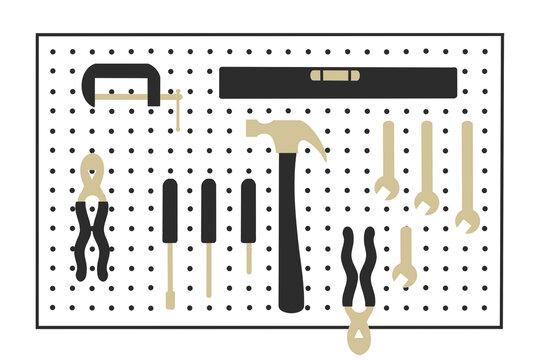 mechanical tool board. plier, spanner, ruler, hammer, pincer, screw driver tool kit, workshop illustration on white background
