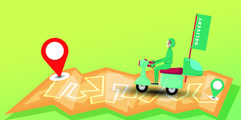 Fototapeta premium Fast and free delivery by scooter. Vector cartoon illustration. Food service.