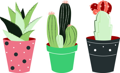 Collection of cute pots with cacti and succulents. Trendy hand-drawn Scandinavian doodle style. Minimalistic palette.