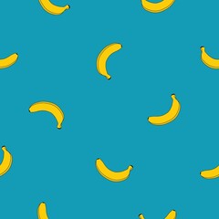 Seamless pattern of yellow bananas on a blue background. Vector. Banana print.