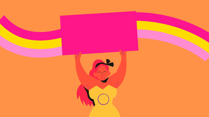 Image commemorating gay pride on an orange background and a girl raising a banner.