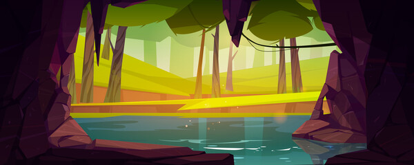 Cave in rock with lake and forest outside. Vector cartoon summer landscape with stone cavern entrance, river, trees and green grass. Natural grotto with water in mountain in woods