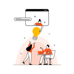 Vector illustration in simple flat style - teamwork and development concept - people holding abstract geometric shapes and puzzle pieces - organization and management