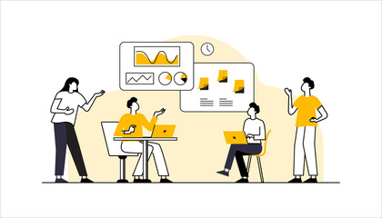 Vector illustration in simple flat style - teamwork and development concept - people holding abstract geometric shapes and puzzle pieces - organization and management