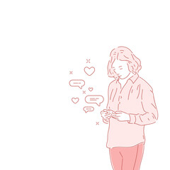 A young woman looks at the phone. Vector linear illustration drawn by hand. Fashion illustration in a realistic style.