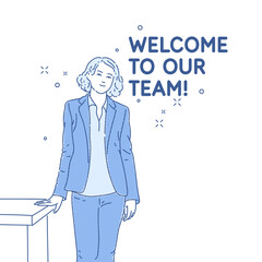 Poster welcome to our team. A young woman stands facing the viewer.