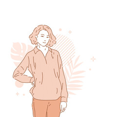 A young pretty girl looks at the viewer. A nice woman is standing in outerwear. Vector illustration.