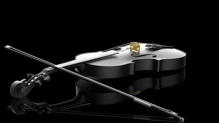 Black-Gold classic violin on black plate under spot lighting background. 3D sketch design and illustration. 3D high quality rendering.