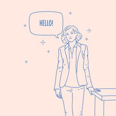 A girl and a speech bubble with the inscription Hello. A young woman stands facing the viewer.