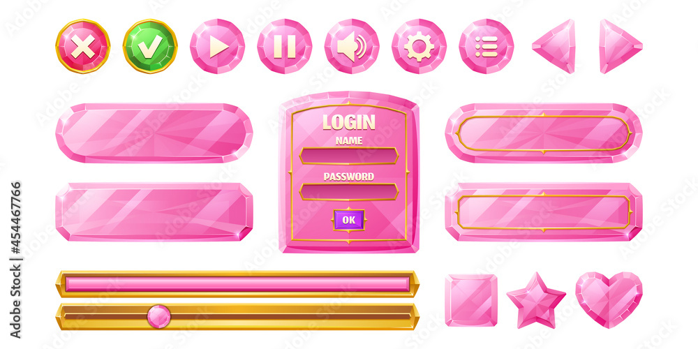 Poster pink diamond buttons for user interface design in game, video player or website. vector cartoon set 