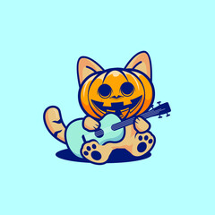 cat with scary pumpkin head 
