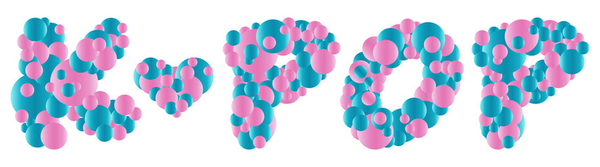 K POP lettering isolated on white background. Letters from blue and pink bubbles. Expression of love for Korean popular music. 