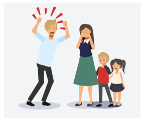 Obraz premium Family conflict. Angry, unhappy people.violence between husband and wife. Scold abuse, frightened children. Flat vector 2D cartoon character illustration.