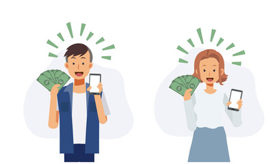 Set of man and woman holding smartphone and money in hand to showing how to make money online.Flat vector 2D cartoon character illustration.