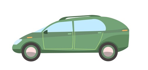 Car. Cartoon comic funny style. Side view. Beautiful green Automobile. Auto in flat design. Childrens illustration. Object is isolated on white background. Vector