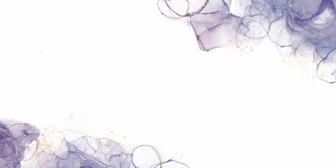 アルコールインクアート抽象背景）上下に紫の泡　コピースペース　上品　マーブル　バナー　ゴールド　繊細　