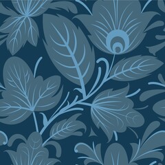 Dark vegetable seamless pattern. Cool cute ornament. Interlacing of branches and flowers. Background illustration. Flatly symbolic style. Vector