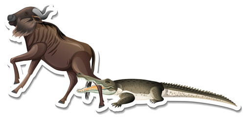 A sticker template of crocodile and wildebeest