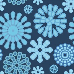 Fototapeta na wymiar Snowflakes pattern. Background. Seamless picture. Winter Falling. Snowfall on a frosty night. Cartoon flat style. Cool backdrop. Vector