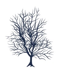 Bare tree without leaves. Dark silhouette. Dense crown with many small branches. Or close-up of bush. Winter or autumn season. Isolated Picture on white background. Vector art