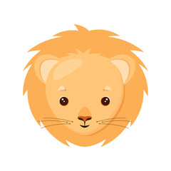 The head of a cute lion on a white background. Children's illustration of an animal in a cartoon style.