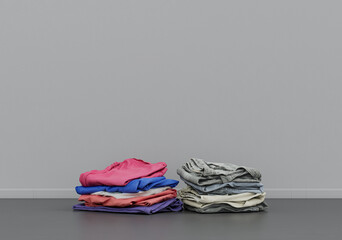 Folded laundry on the floor, cloth and accessories in a grey interior room with copy space, 3d Rendering