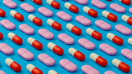 pile of colorful pills and tabs 3d rendering,conceptual image.