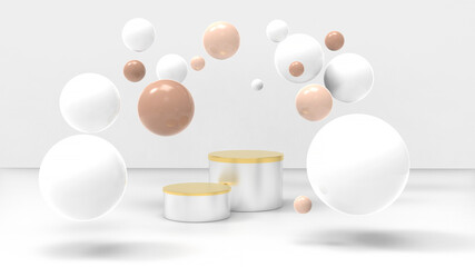 Cosmetics background for displaying product. Cylindrical pedestal and spheres as symbols of face cream. 3d illustration, nice warm colours.