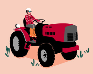 tractor driver in field. agriculture worker driving tractor for farm work. non binary rancher illustration