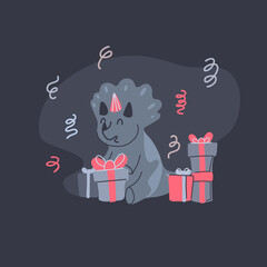 Happy little dinosaur opening birthday gifts on dark gray background. Festive party. Vector child card with cartoon baby triceratops, gift boxes and confetti. Trendy flat hand drawn postcard