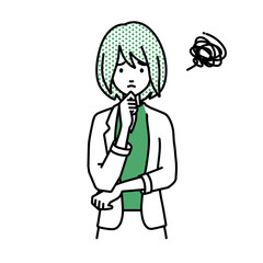 立って手をあごにあてて困っているジャケットの女性