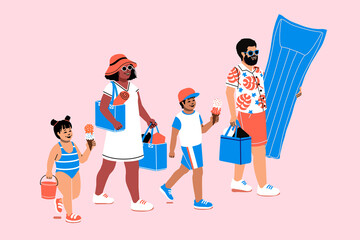 A biracial family going to the beach. Mom and dad  with children on their way to a fun day by the sea, eating ice cream and carrying beach towels and a floating mattress.