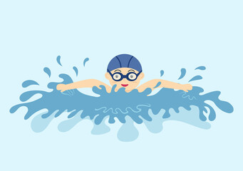 Cute Little Kids Swimming Background Vector Illustration in flat cartoon style. people dressed in swimwear, swim in summer and performing water activities