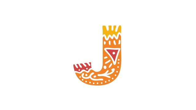 Letter J. Ethnic ornament, national pattern in letter. 3 colors. 4K video. Isolated on white background. Cartoon Animation. Capital Letter J for education, erudition, ABC, software, interface game.