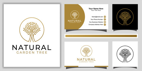Naklejka premium nature golden branched tree of life with line art style logo design for decoration, garden forest with business card