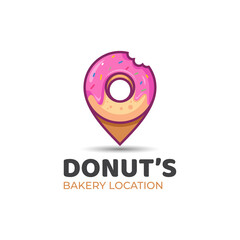 modern logos of sweet donuts combined pin map icon symbol for business bakery location logo template