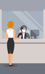 Obraz premium Bank office is open during epidemic of virus.Employee in protective medical mask behind counter serve customer.Client stand in hall near cash register window and talk to clerk.Vector flat illustration