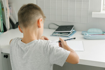 Caucasian schoolboy boy doing school homework. Homeschooling concept