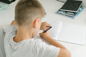 Caucasian schoolboy boy doing school homework. Homeschooling concept