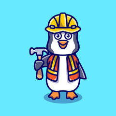 cute penguin builder carrying hammer