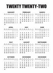 2022 Black and White Monday Start Calendar