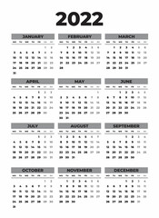 2022 Black and White Monday Start Calendar