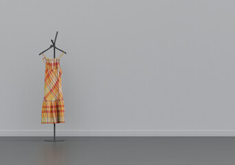 A dress on a hanger, cloth and accessories in a grey interior room with copy space, 3d Rendering