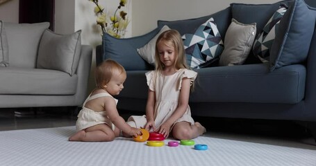 Two cute little caucasian children siblings playing together with wooden toys on floor at home. Children development concept. Infant baby girl with blonde hair plays with elder sister. Slow motion 4k - Powered by Adobe