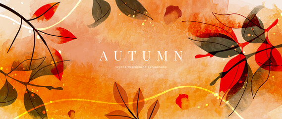 Autumn background design  with watercolor brush texture, Flower and botanical leaves watercolor hand drawing. Abstract art wallpaper design for wall arts, wedding and VIP invite card. vector eps10