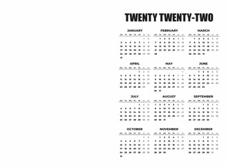 2022 Black and White Monday Start Landscaped Calendar Photo Template