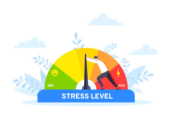 Reduce stress level flat style design concept vector illustration. Emotion overload, burnout and fatigue from work. Stress level meter gauge emotion stages. Person pushes arrow from maximum to minimum - obrazy, fototapety, plakaty