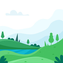 Nature park or forest outdoor background with mountains. Flat cartoon style. Vector illustration
