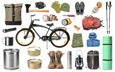 Hiking kit with bicycle on white background