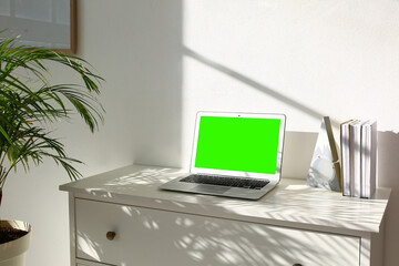 Modern laptop with blank screen at workplace in room